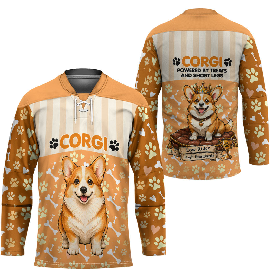 Corgi Powered By Treats And Short Legs Hockey Jersey Royal Crown Low Rider Funny Dog Quote Paw