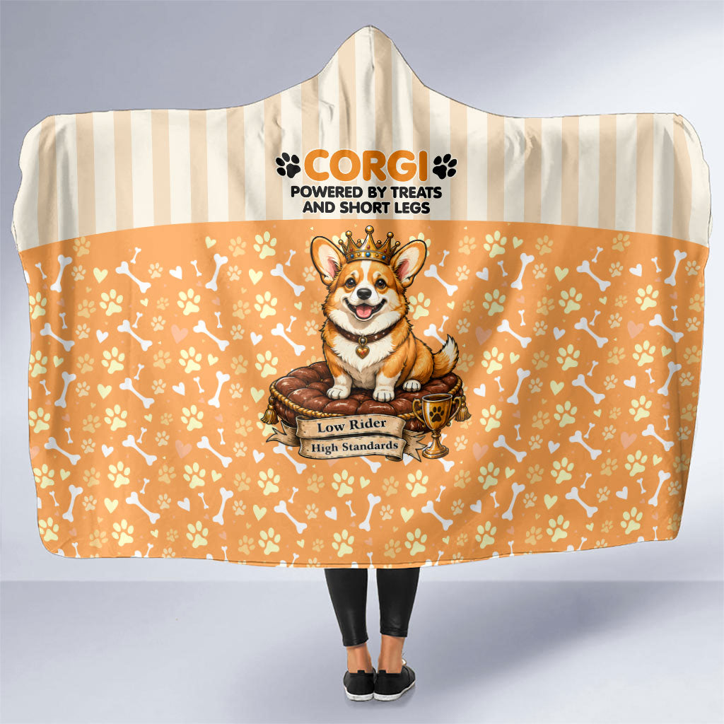Corgi Powered By Treats And Short Legs Hooded Blanket Royal Crown Low Rider Funny Dog Quote Paw