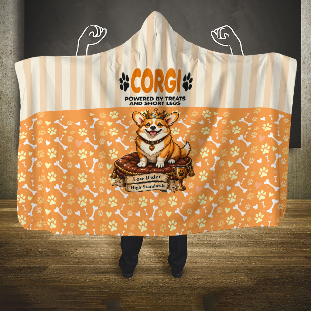 Corgi Powered By Treats And Short Legs Hooded Blanket Royal Crown Low Rider Funny Dog Quote Paw
