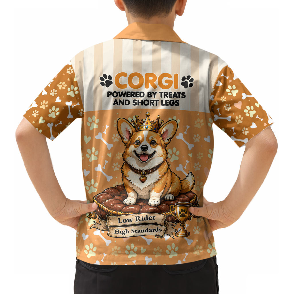Corgi Powered By Treats And Short Legs Kid Hawaiian Shirt Royal Crown Low Rider Funny Dog Quote Paw