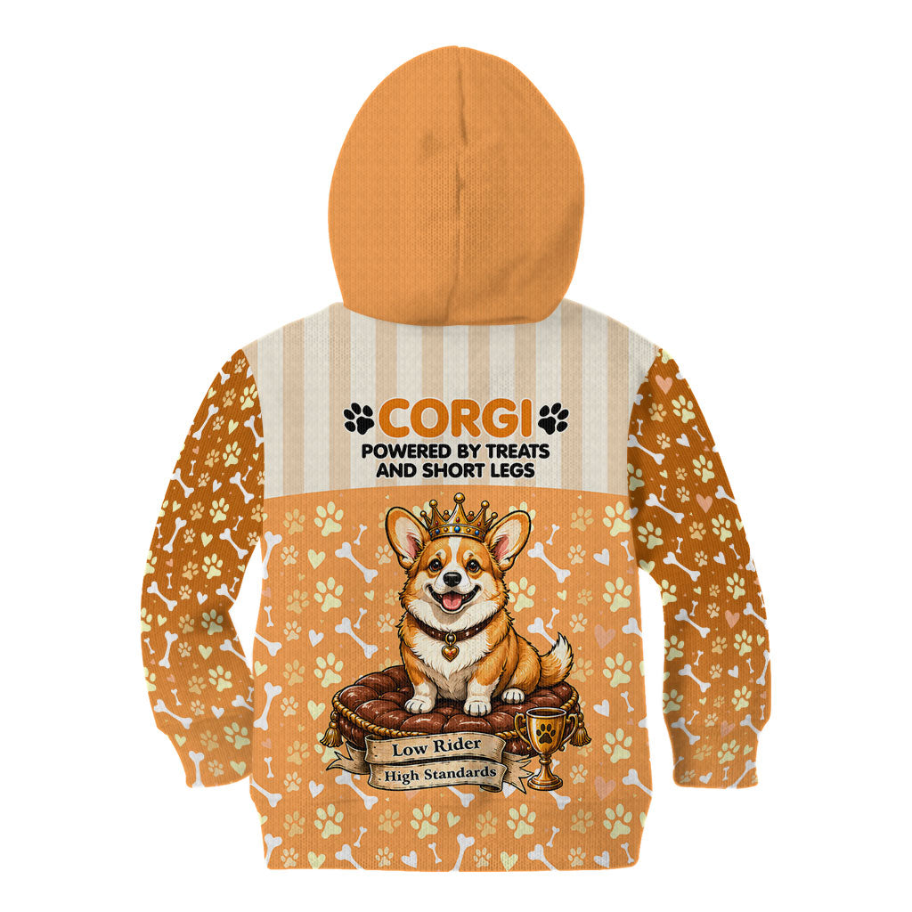 Corgi Powered By Treats And Short Legs Kid Hoodie Royal Crown Low Rider Funny Dog Quote Paw
