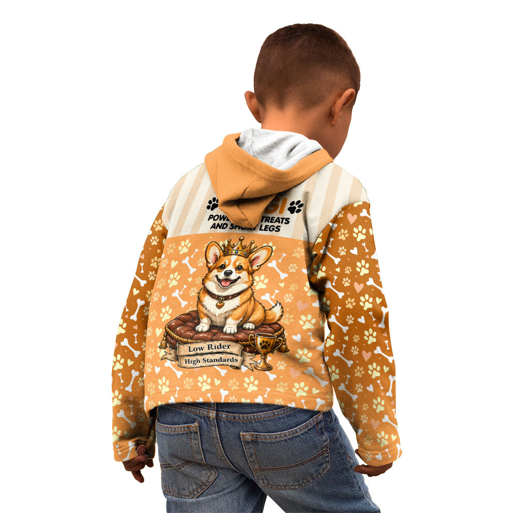 Corgi Powered By Treats And Short Legs Kid Hoodie Royal Crown Low Rider Funny Dog Quote Paw