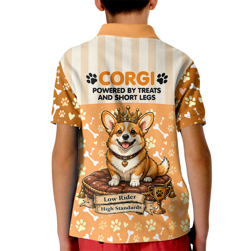 Corgi Powered By Treats And Short Legs Kid Polo Shirt Royal Crown Low Rider Funny Dog Quote Paw