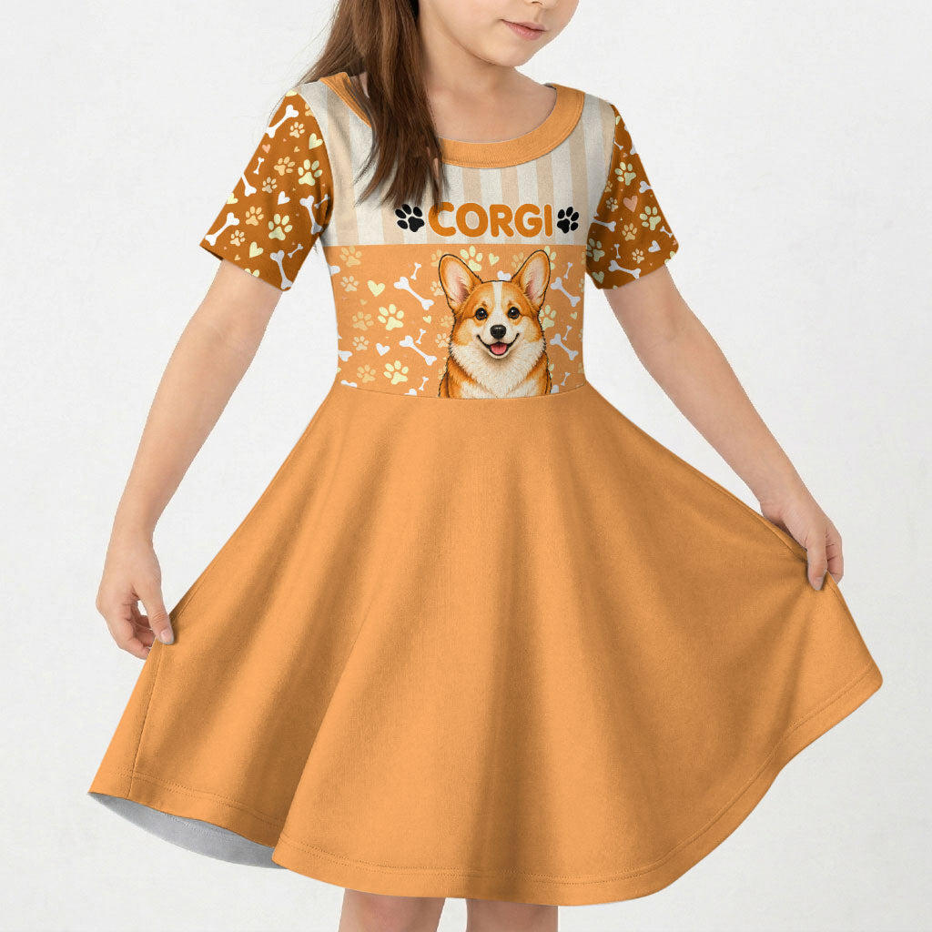 Corgi Powered By Treats And Short Legs Kid Short Sleeve Dress Royal Crown Low Rider Funny Dog Quote Paw