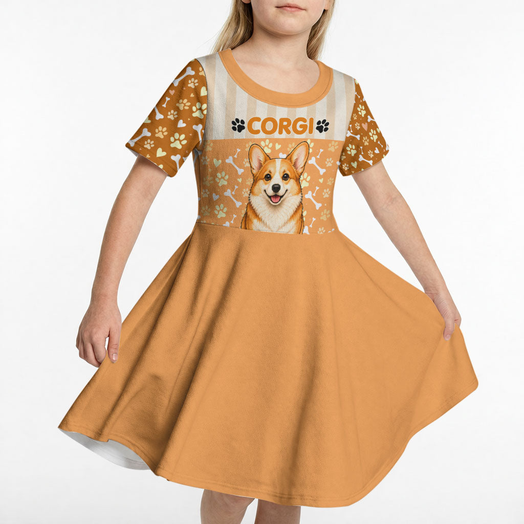 Corgi Powered By Treats And Short Legs Kid Short Sleeve Dress Royal Crown Low Rider Funny Dog Quote Paw
