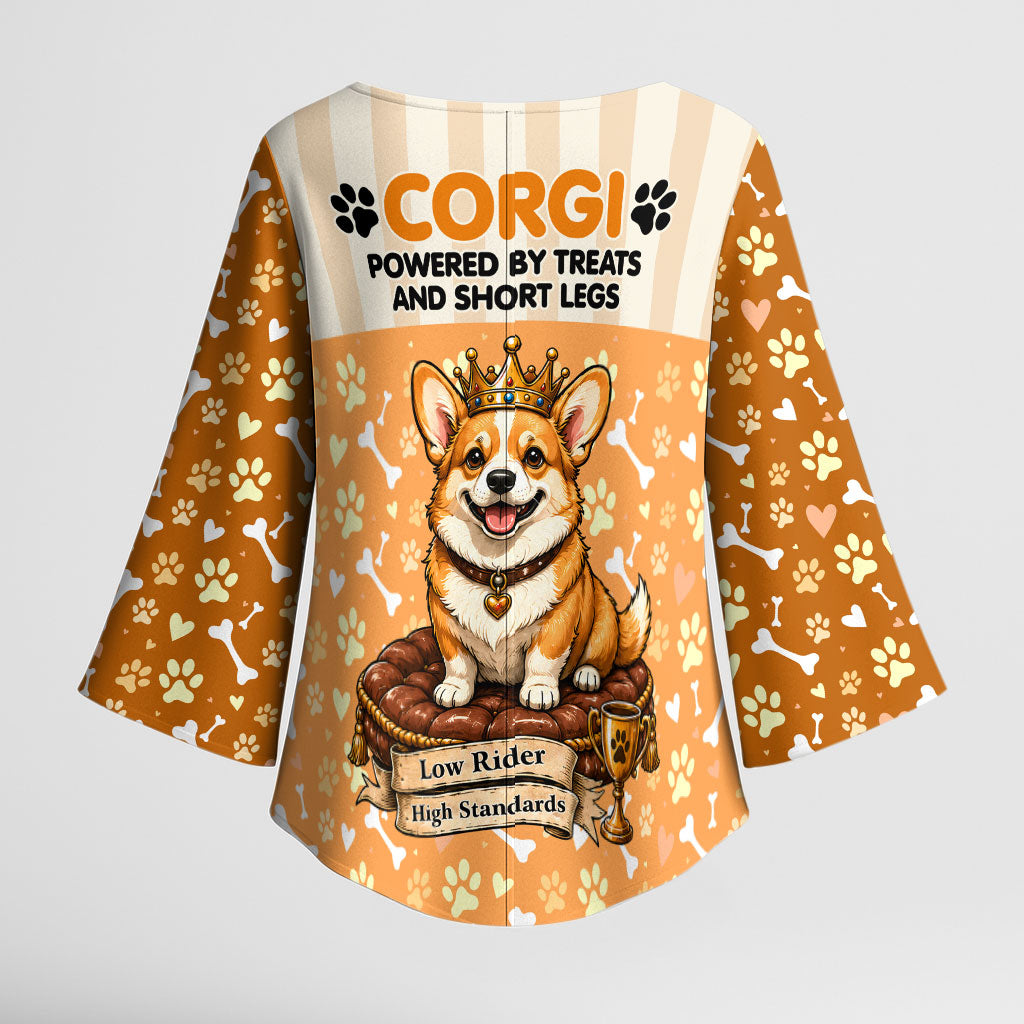 Corgi Powered By Treats And Short Legs Kimono Sleeve Blouse Royal Crown Low Rider Funny Dog Quote Paw