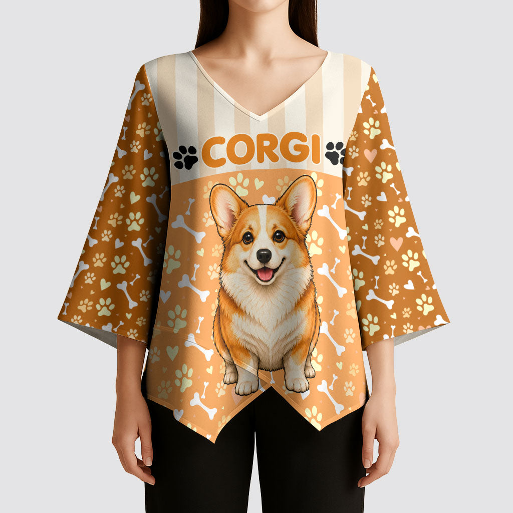 Corgi Powered By Treats And Short Legs Kimono Sleeve Blouse Royal Crown Low Rider Funny Dog Quote Paw