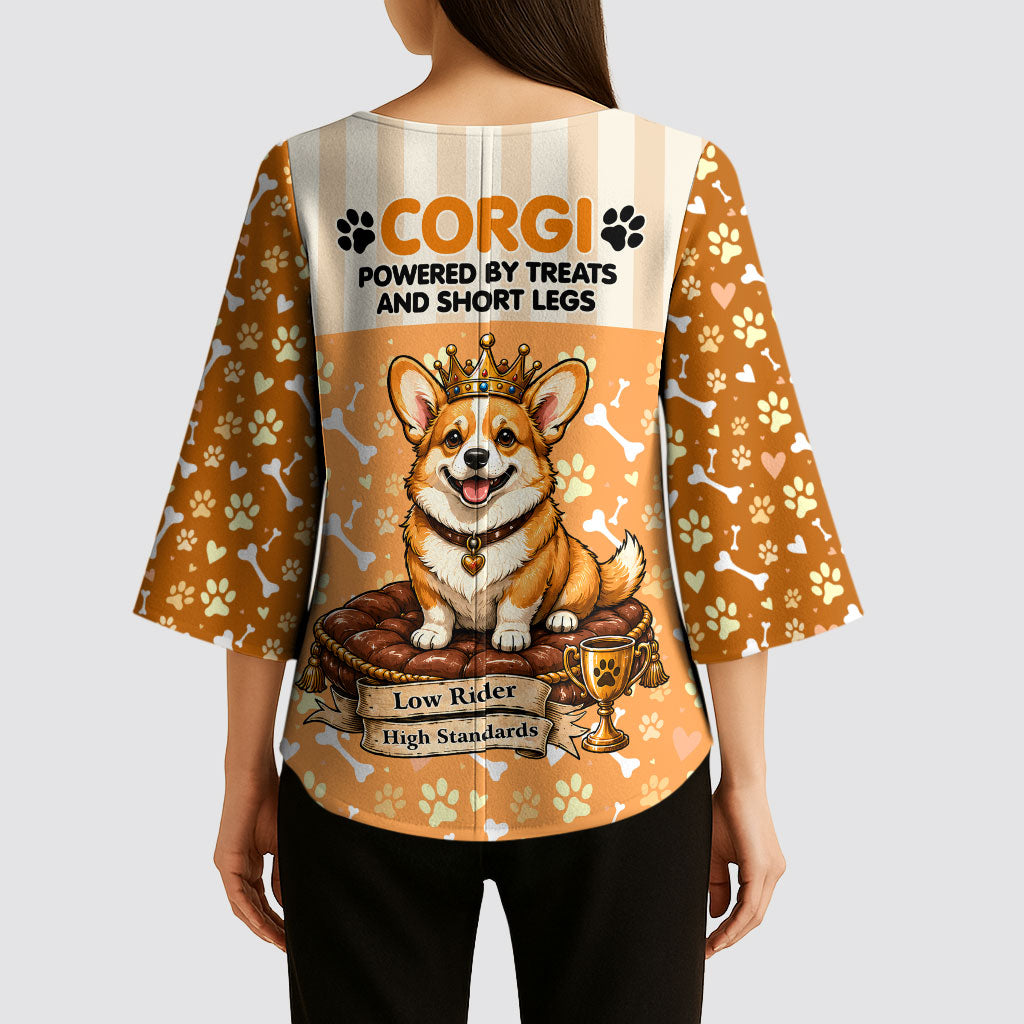Corgi Powered By Treats And Short Legs Kimono Sleeve Blouse Royal Crown Low Rider Funny Dog Quote Paw