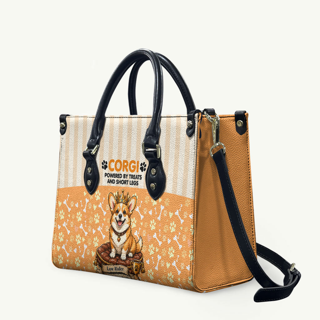 Corgi Powered By Treats And Short Legs Leather Bag Royal Crown Low Rider Funny Dog Quote Paw
