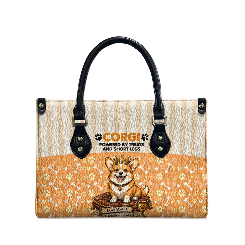 Corgi Powered By Treats And Short Legs Leather Bag Royal Crown Low Rider Funny Dog Quote Paw