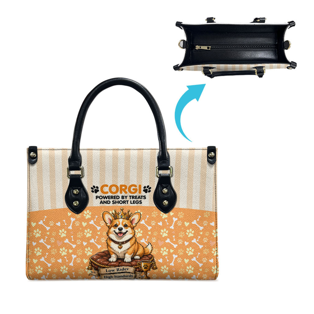 Corgi Powered By Treats And Short Legs Leather Bag Royal Crown Low Rider Funny Dog Quote Paw