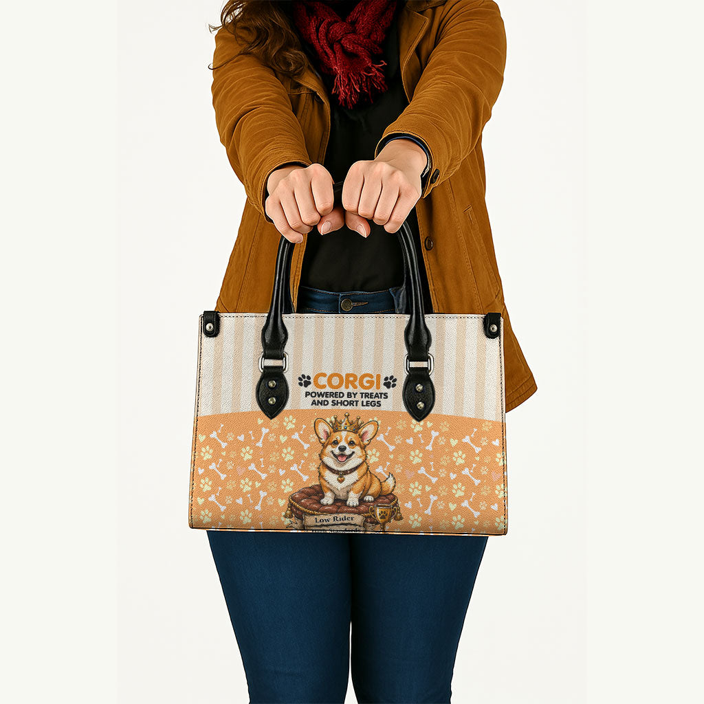Corgi Powered By Treats And Short Legs Leather Bag Royal Crown Low Rider Funny Dog Quote Paw