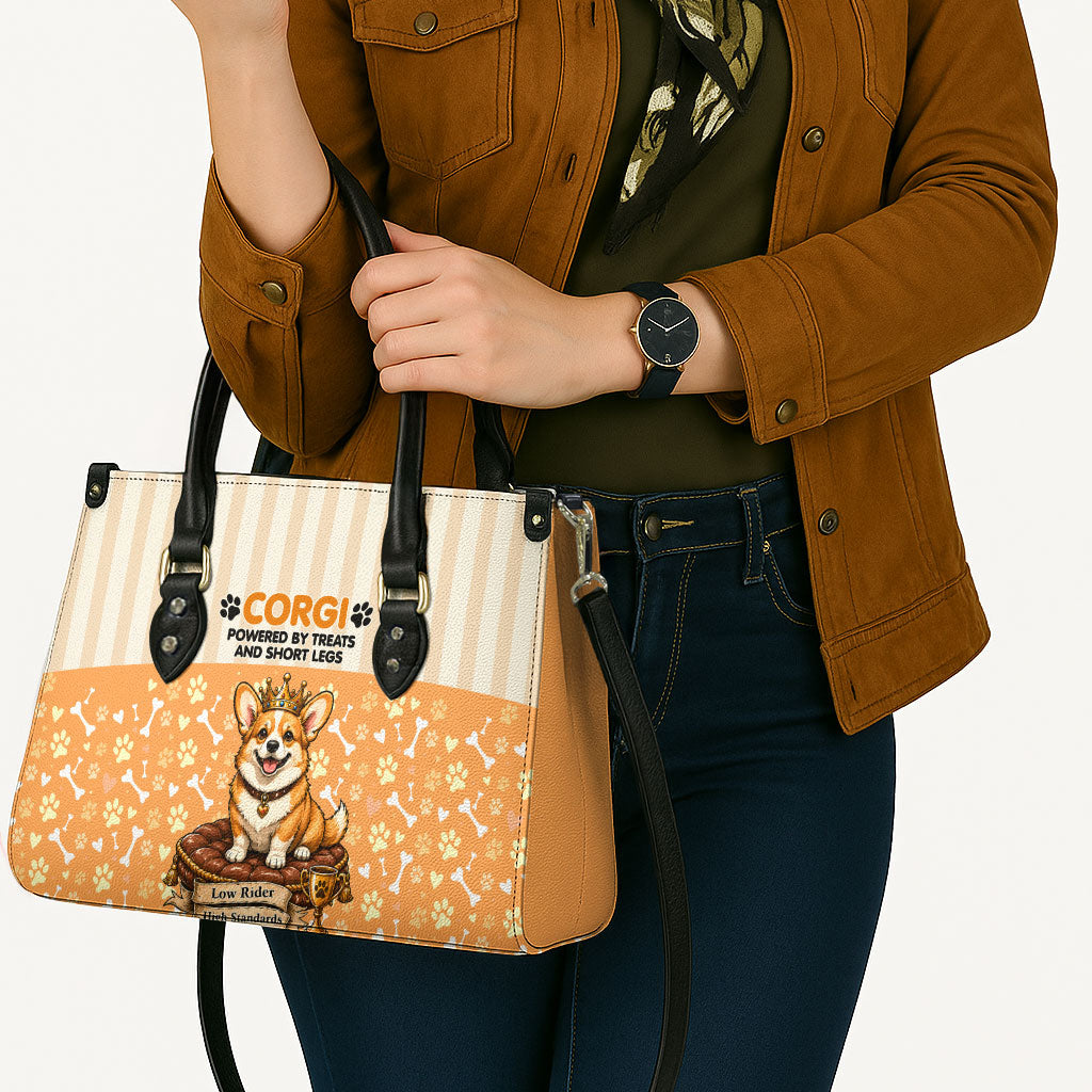 Corgi Powered By Treats And Short Legs Leather Bag Royal Crown Low Rider Funny Dog Quote Paw
