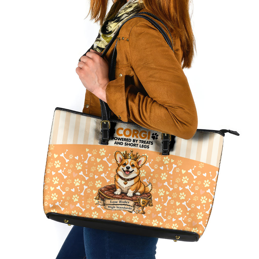 Corgi Powered By Treats And Short Legs Leather Tote Bag Royal Crown Low Rider Funny Dog Quote Paw