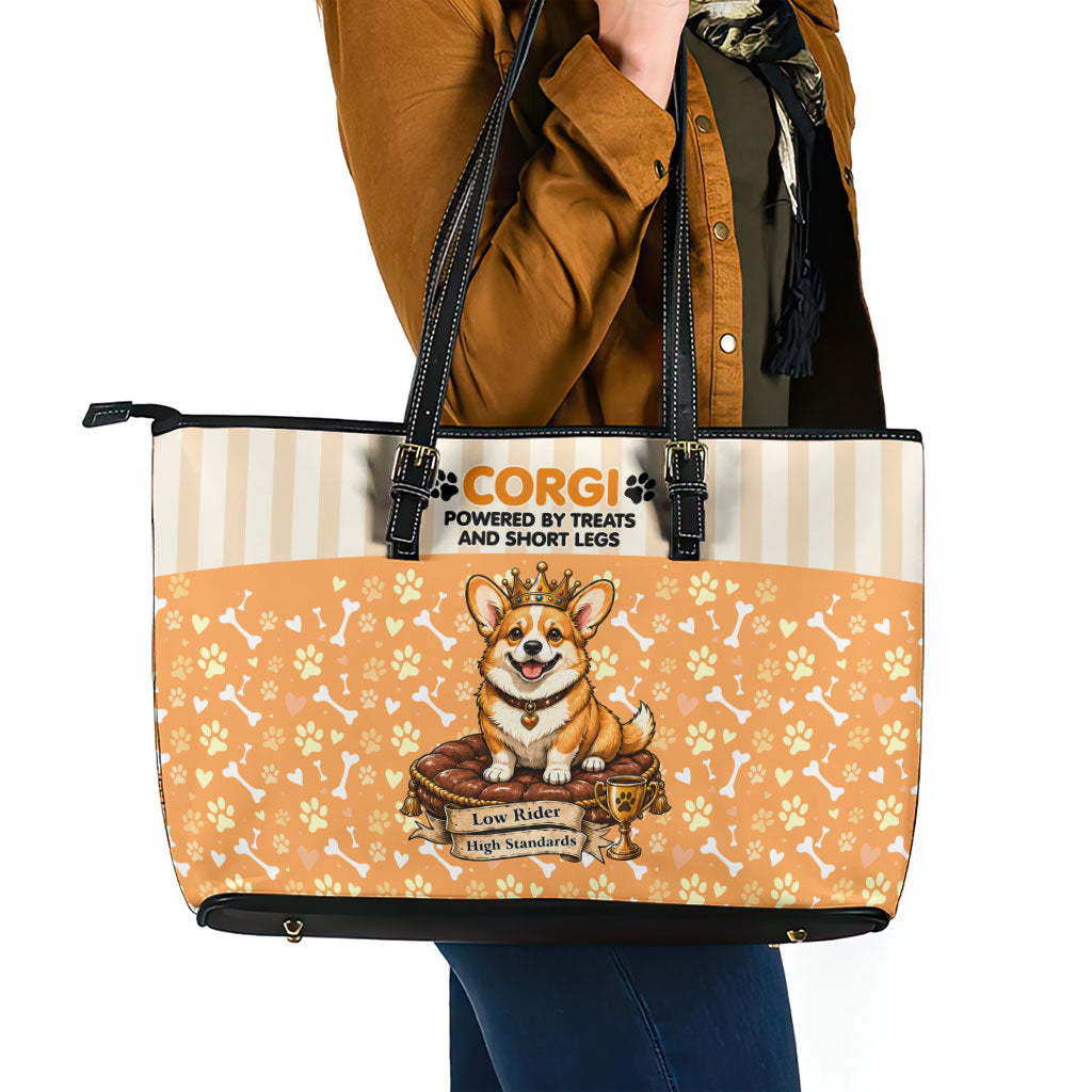Corgi Powered By Treats And Short Legs Leather Tote Bag Royal Crown Low Rider Funny Dog Quote Paw