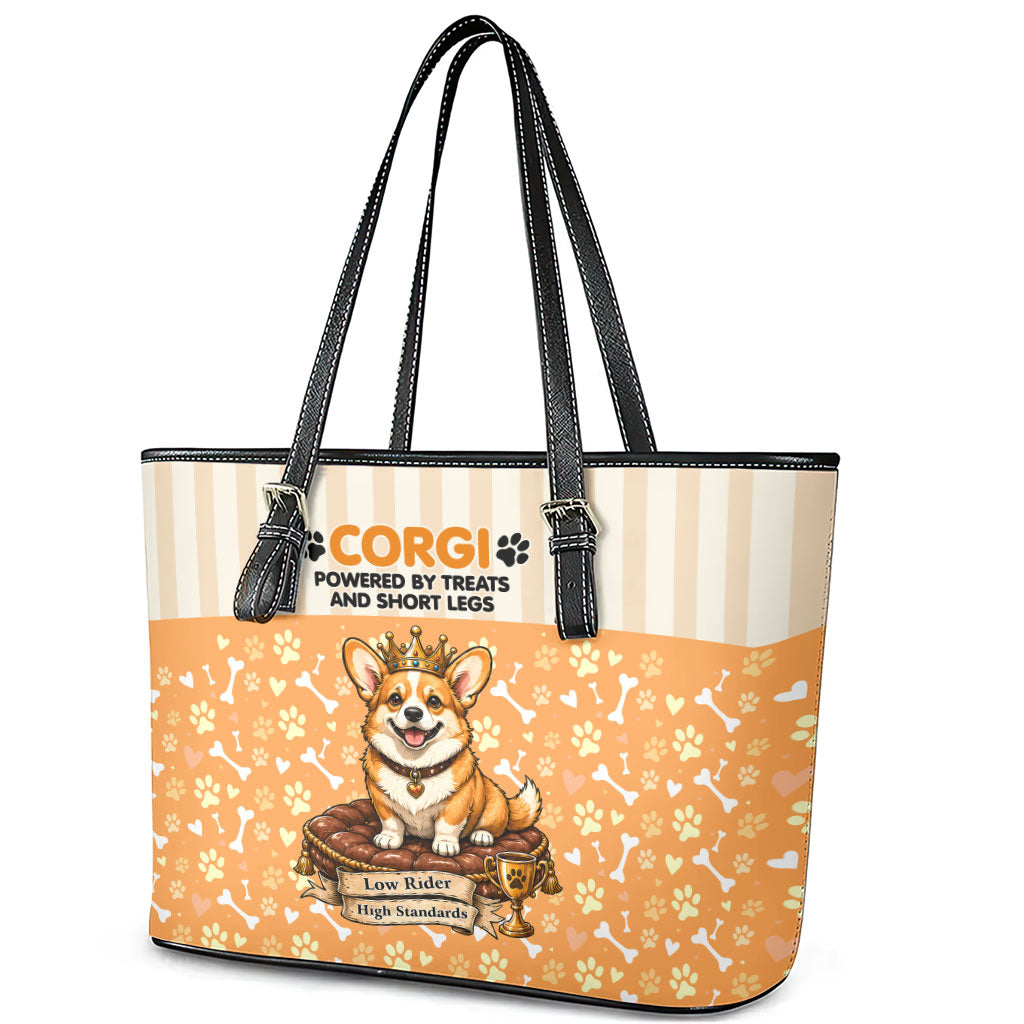 Corgi Powered By Treats And Short Legs Leather Tote Bag Royal Crown Low Rider Funny Dog Quote Paw
