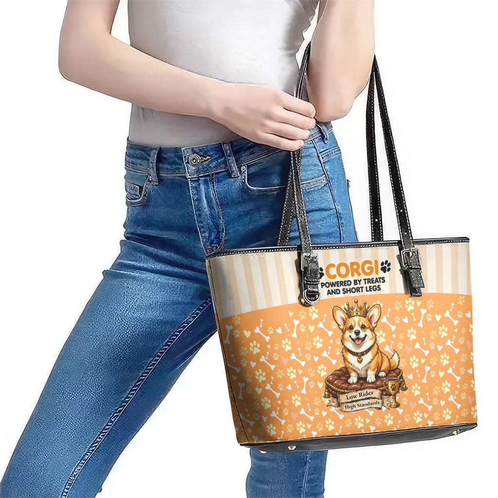 Corgi Powered By Treats And Short Legs Leather Tote Bag Royal Crown Low Rider Funny Dog Quote Paw