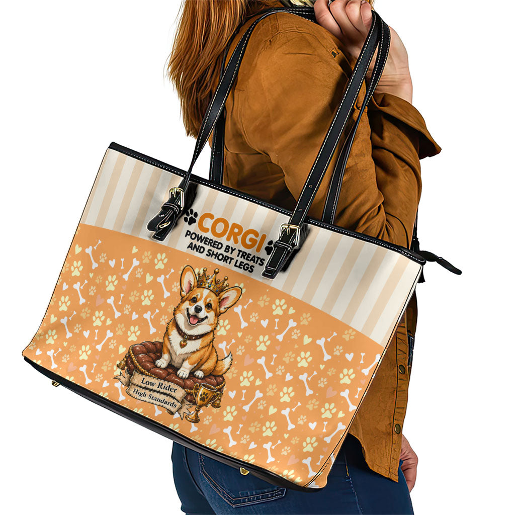 Corgi Powered By Treats And Short Legs Leather Tote Bag Royal Crown Low Rider Funny Dog Quote Paw