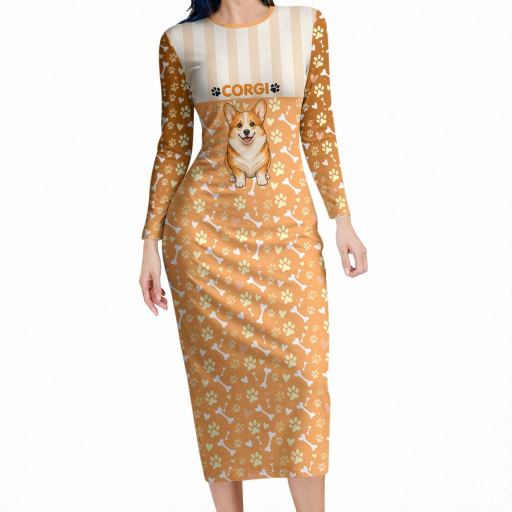 Corgi Powered By Treats And Short Legs Long Sleeve Bodycon Dress Royal Crown Low Rider Funny Dog Quote Paw