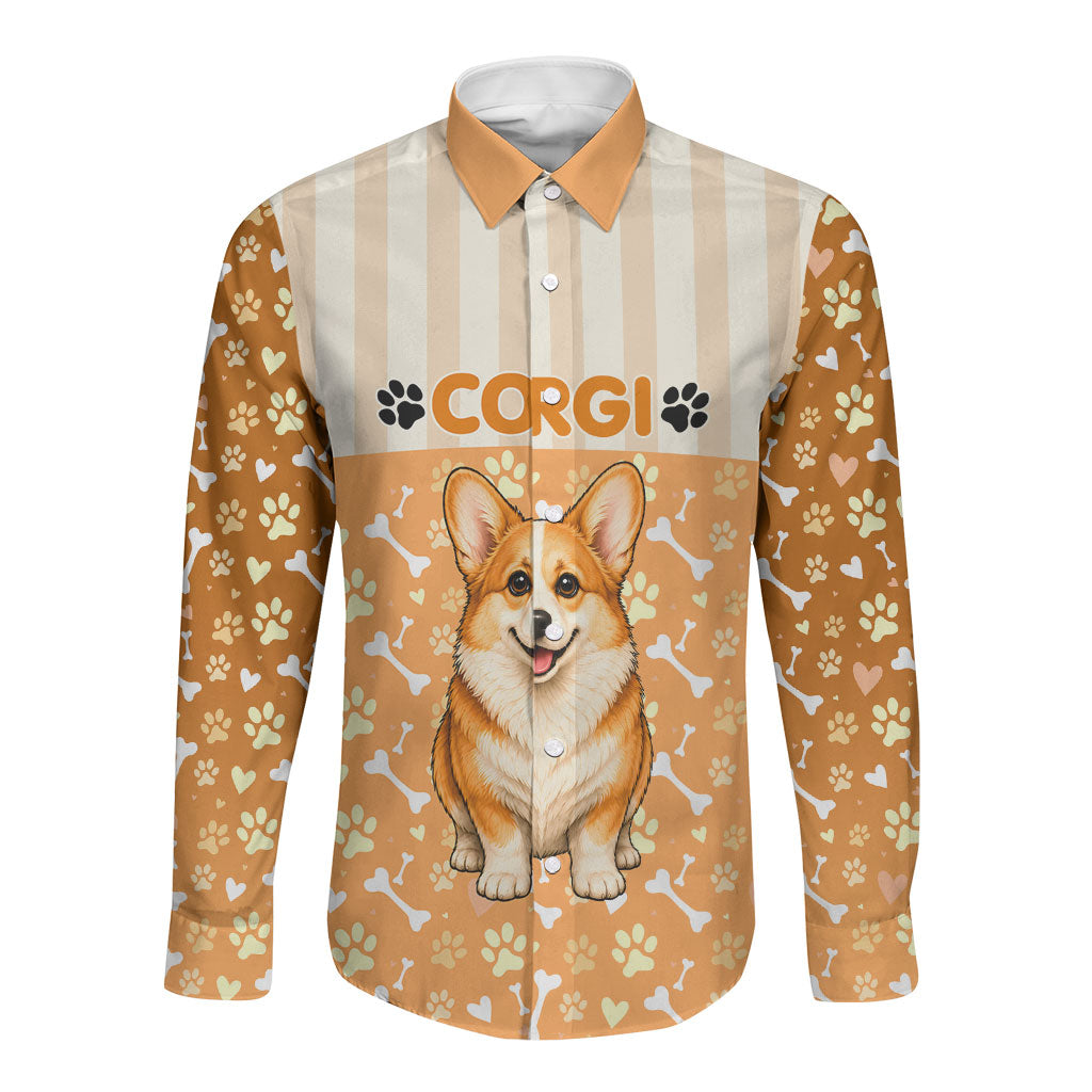 Corgi Powered By Treats And Short Legs Long Sleeve Button Shirt Royal Crown Low Rider Funny Dog Quote Paw