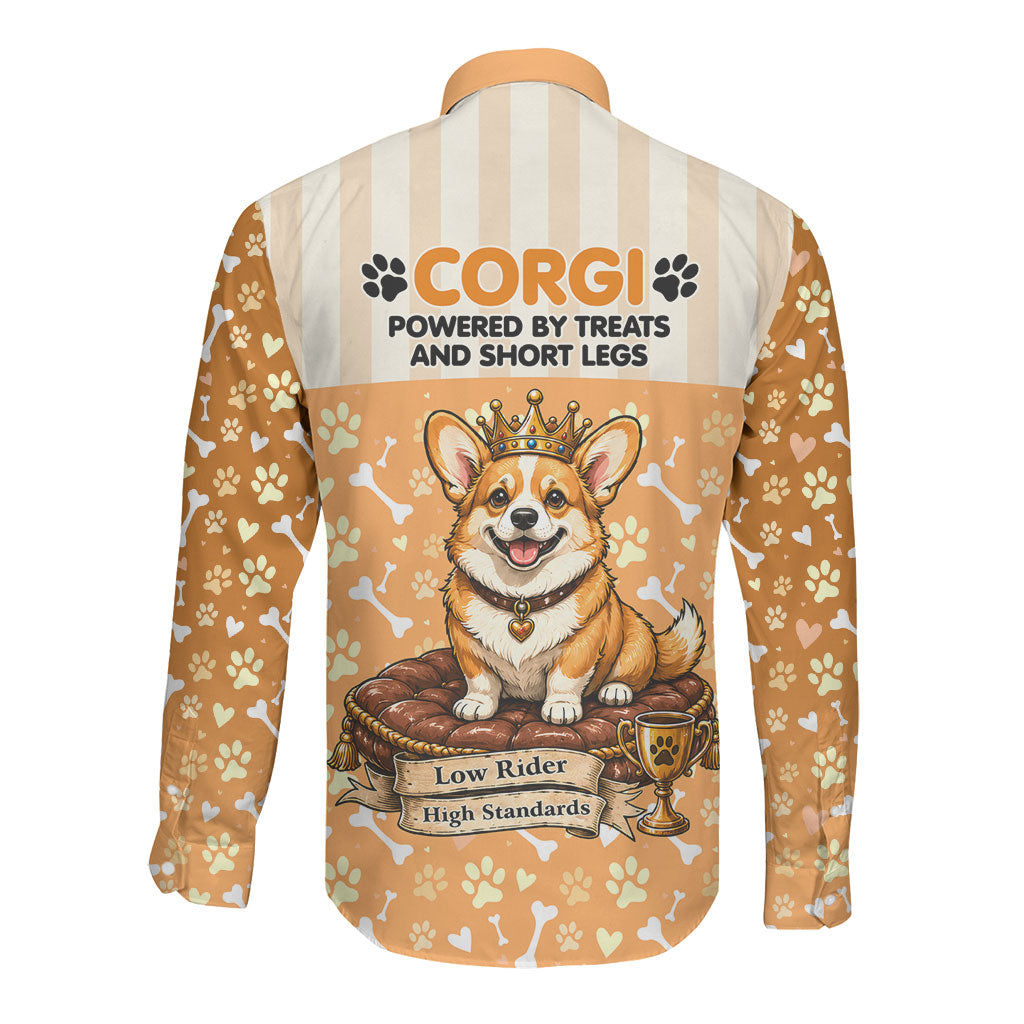 Corgi Powered By Treats And Short Legs Long Sleeve Button Shirt Royal Crown Low Rider Funny Dog Quote Paw