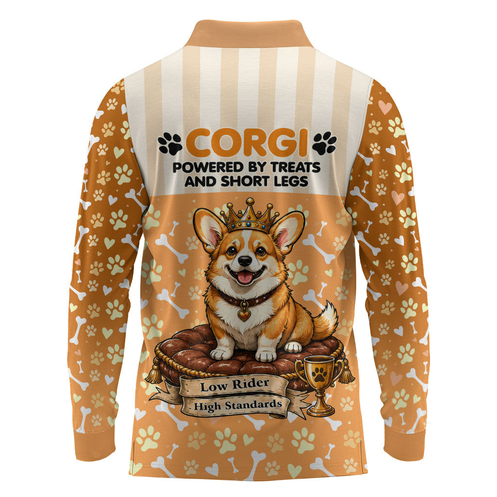 Corgi Powered By Treats And Short Legs Long Sleeve Polo Shirt Royal Crown Low Rider Funny Dog Quote Paw