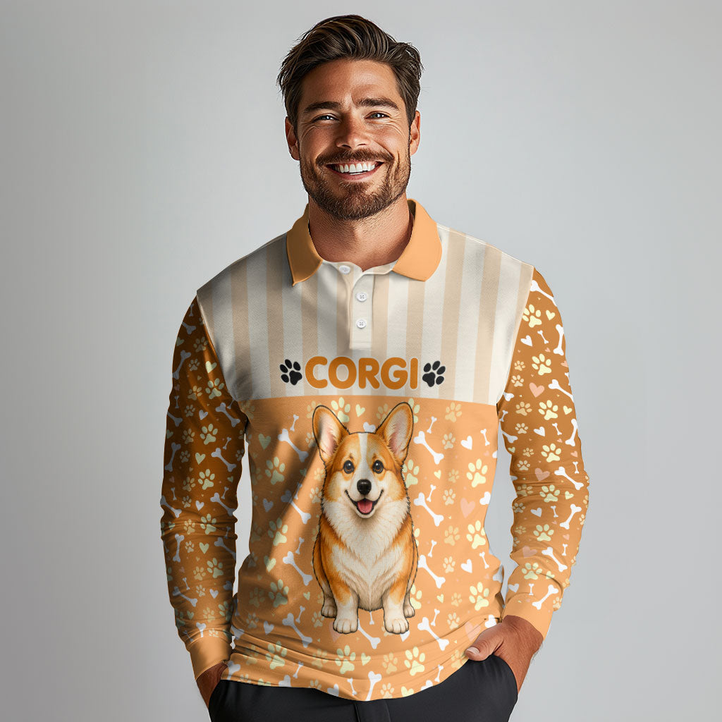 Corgi Powered By Treats And Short Legs Long Sleeve Polo Shirt Royal Crown Low Rider Funny Dog Quote Paw