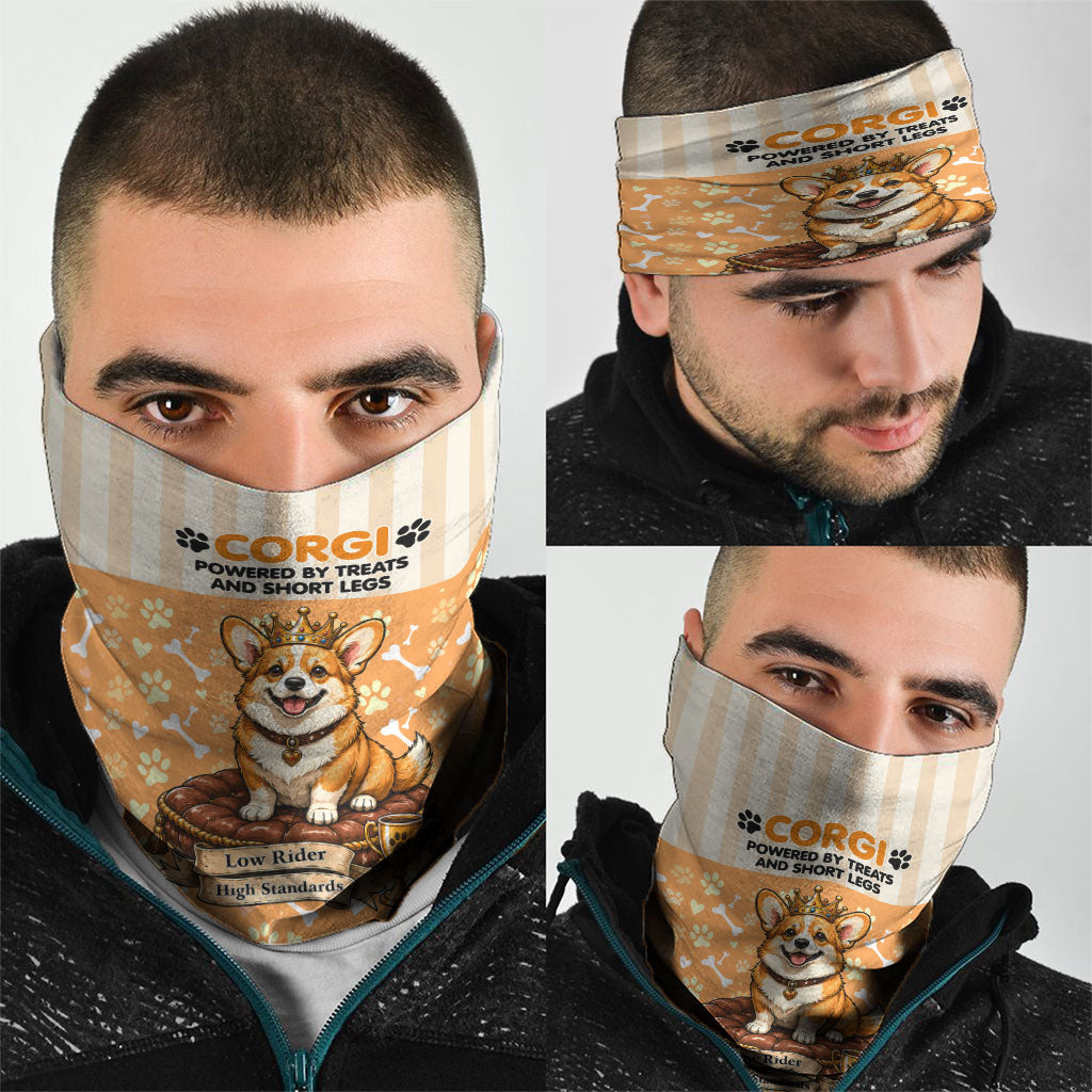 Corgi Powered By Treats And Short Legs Neck Gaiter Royal Crown Low Rider Funny Dog Quote Paw