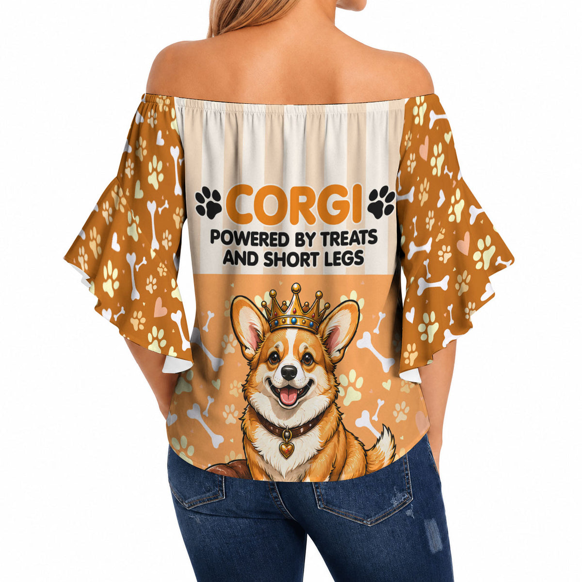 Corgi Powered By Treats And Short Legs Off Shoulder Wrap Waist Top Royal Crown Low Rider Funny Dog Quote Paw