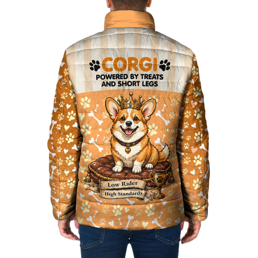 Corgi Powered By Treats And Short Legs Padded Jacket Royal Crown Low Rider Funny Dog Quote Paw