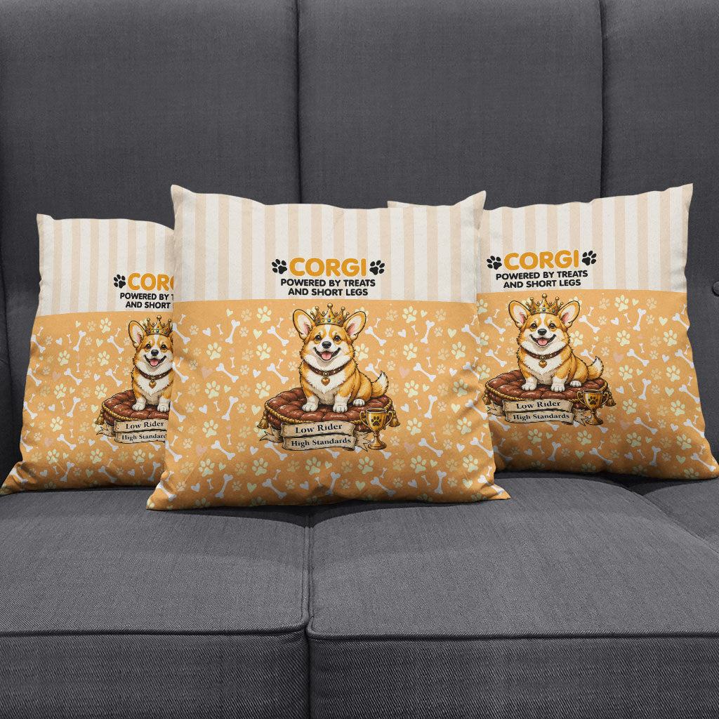 Corgi Powered By Treats And Short Legs Pillow Cover Royal Crown Low Rider Funny Dog Quote Paw