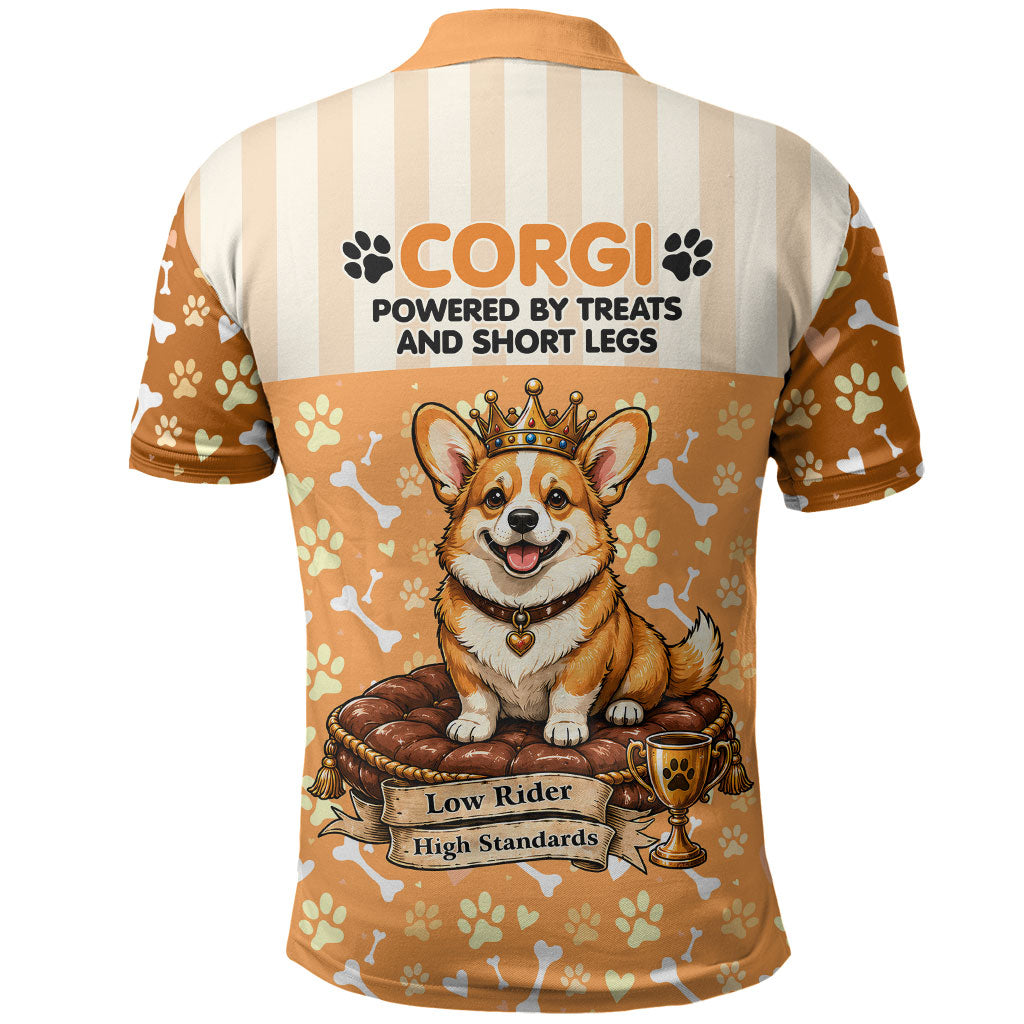 Corgi Powered By Treats And Short Legs Polo Shirt Royal Crown Low Rider Funny Dog Quote Paw