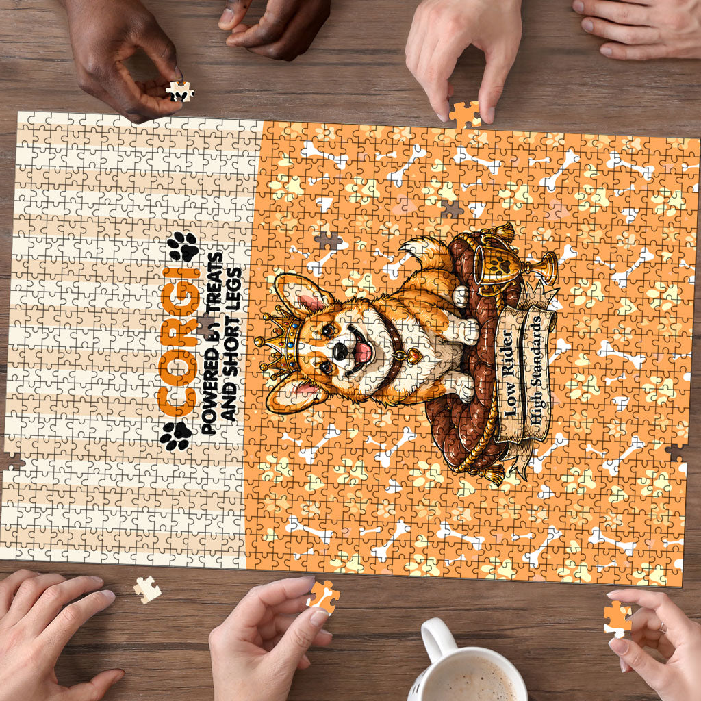 Corgi Powered By Treats And Short Legs Puzzle Royal Crown Low Rider Funny Dog Quote Paw