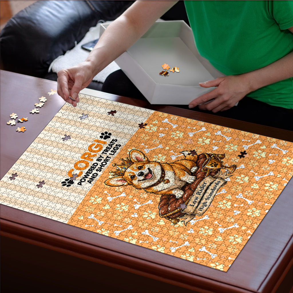 Corgi Powered By Treats And Short Legs Puzzle Royal Crown Low Rider Funny Dog Quote Paw