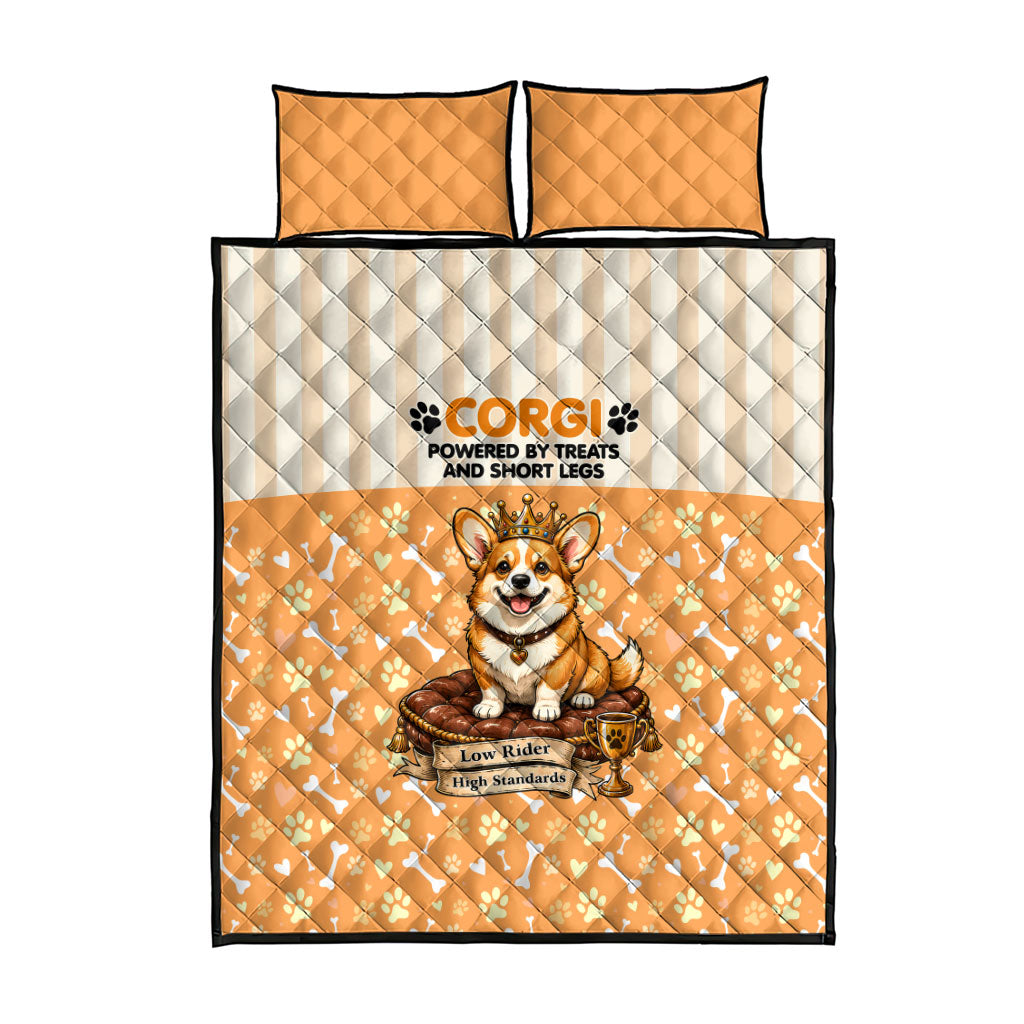 Corgi Powered By Treats And Short Legs Quilt Bed Set Royal Crown Low Rider Funny Dog Quote Paw