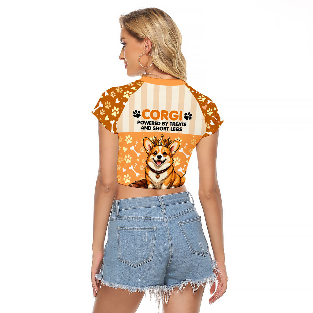 Corgi Powered By Treats And Short Legs Raglan Cropped T Shirt Royal Crown Low Rider Funny Dog Quote Paw