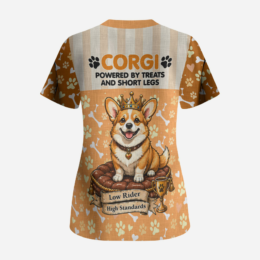 Corgi Powered By Treats And Short Legs Scrub Top Royal Crown Low Rider Funny Dog Quote Paw