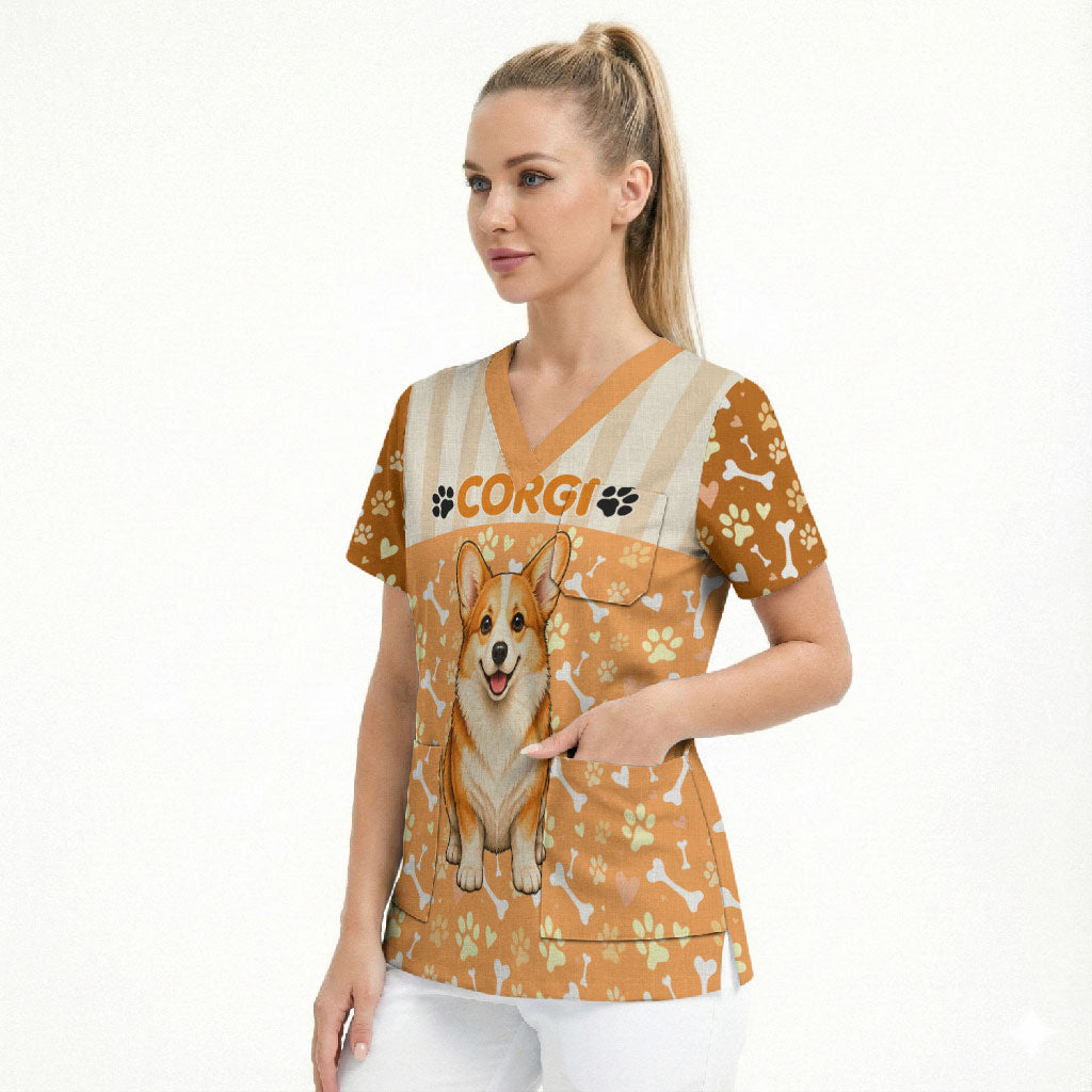 Corgi Powered By Treats And Short Legs Scrub Top Royal Crown Low Rider Funny Dog Quote Paw