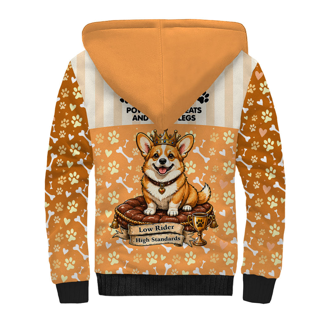 Corgi Powered By Treats And Short Legs Sherpa Hoodie Royal Crown Low Rider Funny Dog Quote Paw