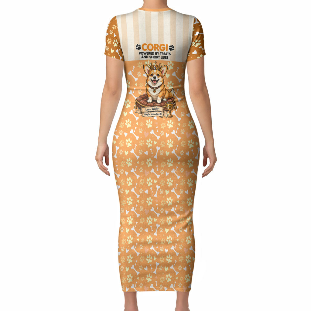 Corgi Powered By Treats And Short Legs Short Sleeve Bodycon Dress Royal Crown Low Rider Funny Dog Quote Paw