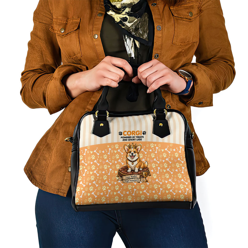 Corgi Powered By Treats And Short Legs Shoulder Handbag Royal Crown Low Rider Funny Dog Quote Paw