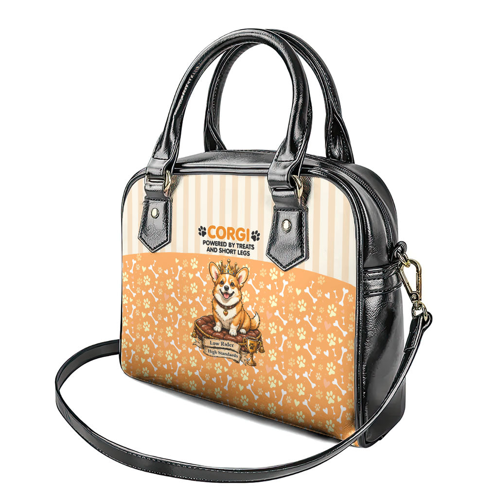 Corgi Powered By Treats And Short Legs Shoulder Handbag Royal Crown Low Rider Funny Dog Quote Paw