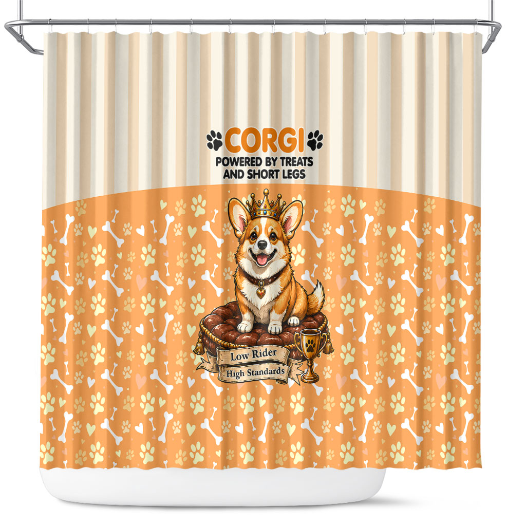 Corgi Powered By Treats And Short Legs Shower Curtain Royal Crown Low Rider Funny Dog Quote Paw