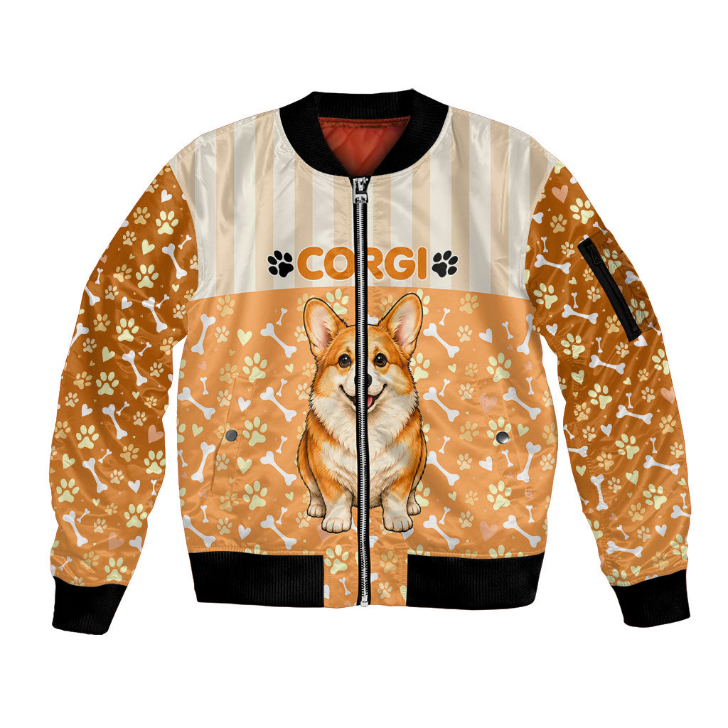 Corgi Powered By Treats And Short Legs Sleeve Zip Bomber Jacket Royal Crown Low Rider Funny Dog Quote Paw
