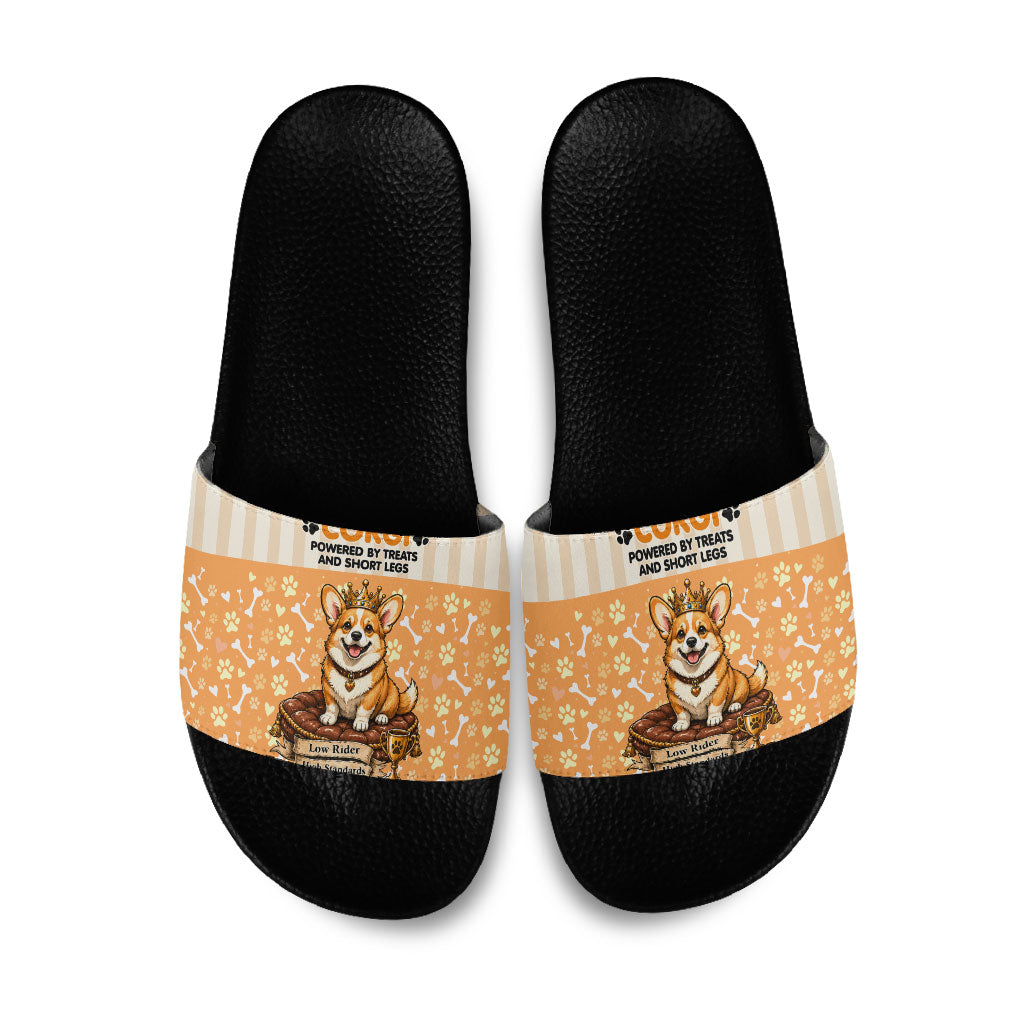Corgi Powered By Treats And Short Legs Slide Sandals Royal Crown Low Rider Funny Dog Quote Paw