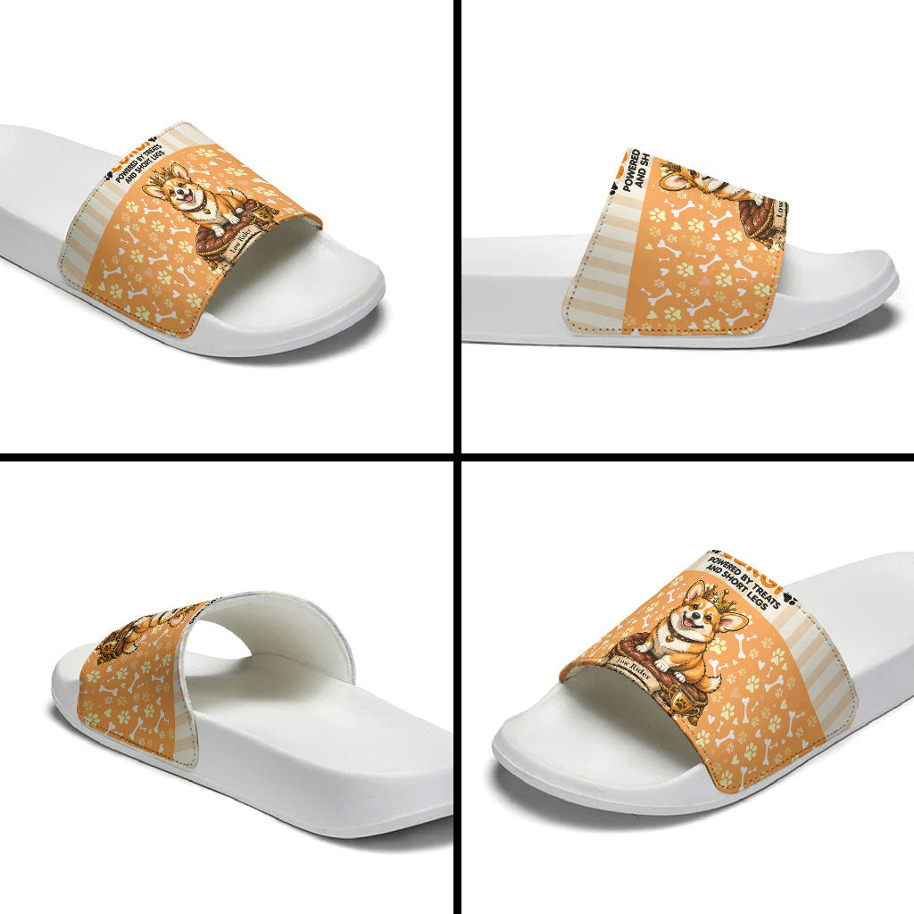 Corgi Powered By Treats And Short Legs Slide Sandals Royal Crown Low Rider Funny Dog Quote Paw