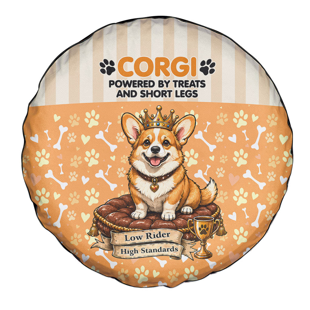 Corgi Powered By Treats And Short Legs Spare Tire Cover Royal Crown Low Rider Funny Dog Quote Paw