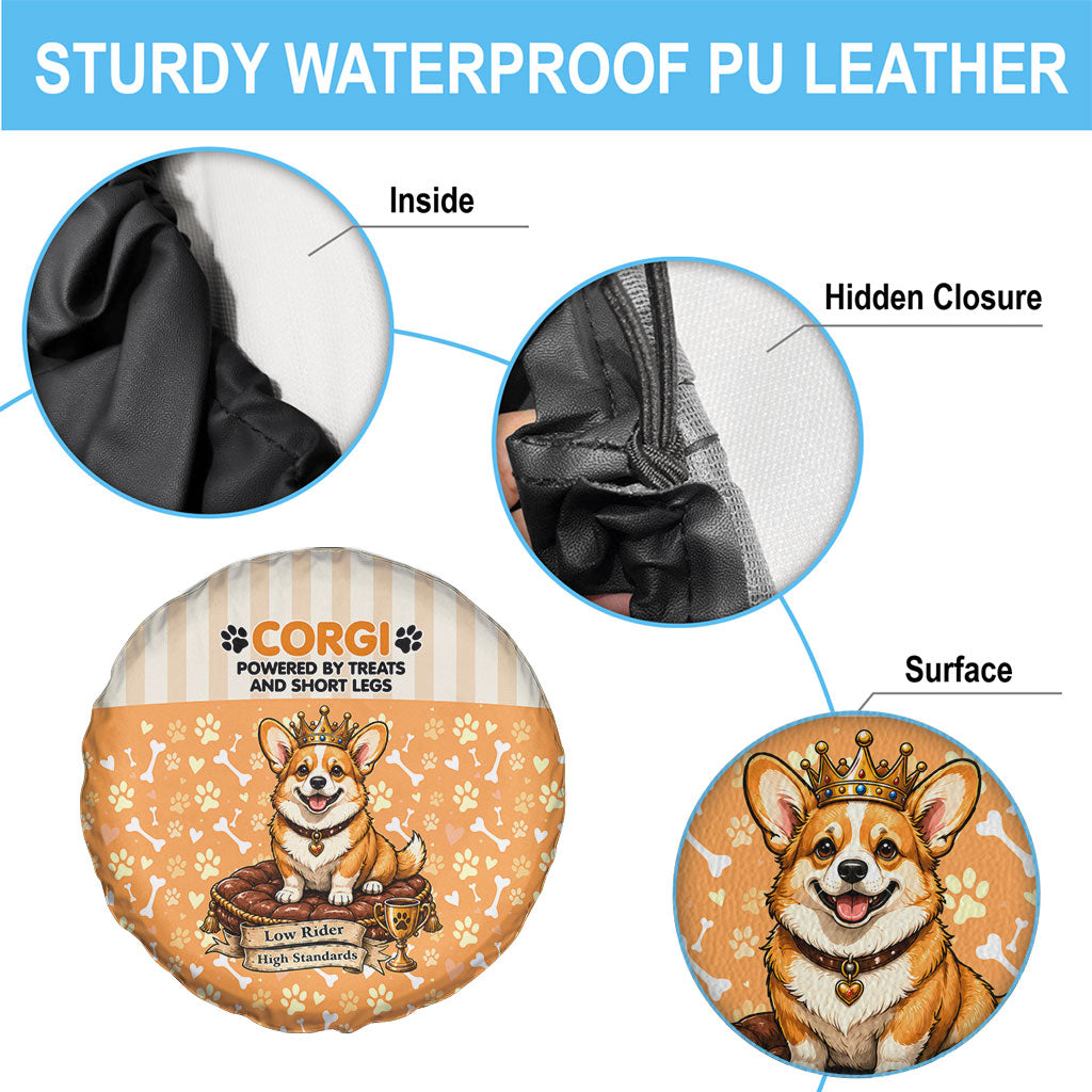 Corgi Powered By Treats And Short Legs Spare Tire Cover Royal Crown Low Rider Funny Dog Quote Paw