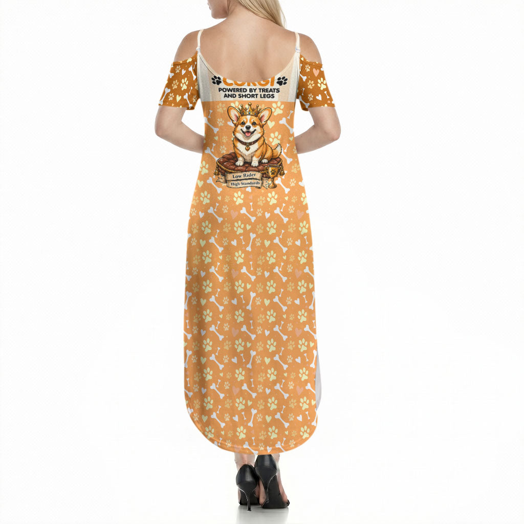 Corgi Powered By Treats And Short Legs Summer Maxi Dress Royal Crown Low Rider Funny Dog Quote Paw