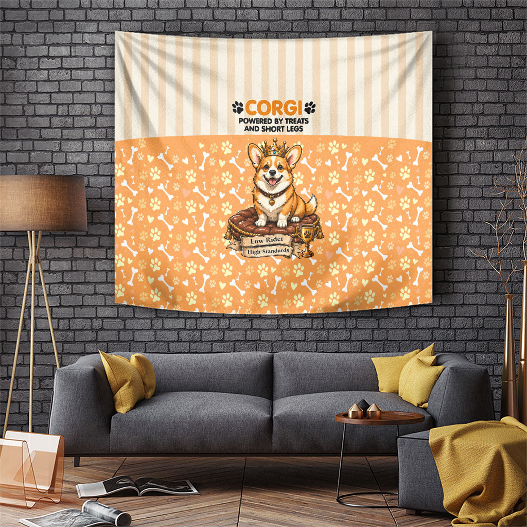 Corgi Powered By Treats And Short Legs Tapestry Royal Crown Low Rider Funny Dog Quote Paw